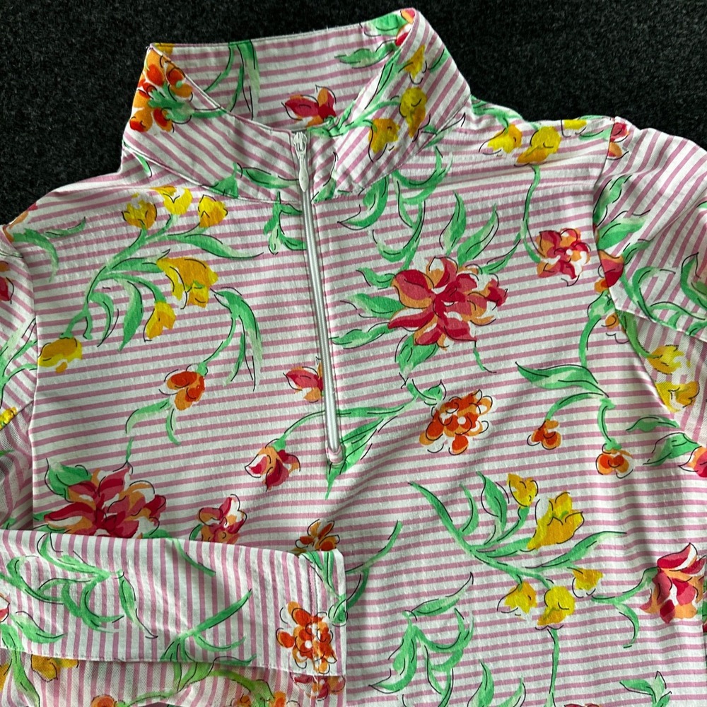 IBKUL Womens Floral Stripe Quarter Zip Sun Shirt Long Sleeve Pink White Small